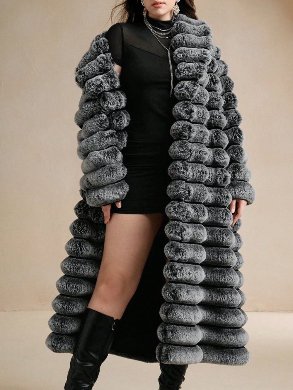 Black And White Plain Women's Fuzzy Single-Breasted Long Coat - Picture 5 of 8